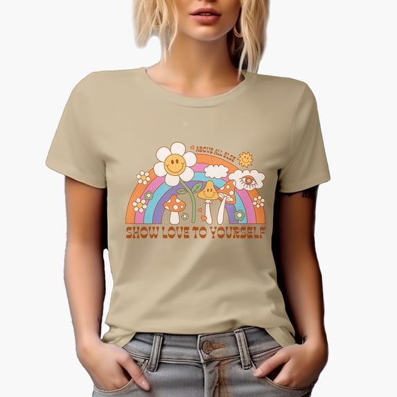 Distressed Above All Else, Show Love to Yourself - Retro Rainbow Art Merch Gift, Tan T-Shirt, Large