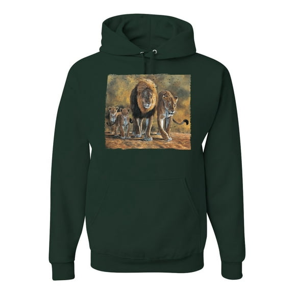 Distressed African Lion Family Desert Fashion Graphic Hoodie Sweatshirt, Forest Green, Small