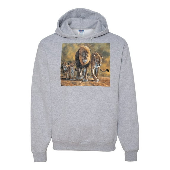 Distressed African Lion Family Desert Fashion Graphic Hoodie Sweatshirt, Heather Grey, Large
