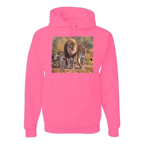 Distressed African Lion Family Desert Fashion Graphic Hoodie Sweatshirt, Neon Pink, Large