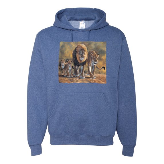 Distressed African Lion Family Desert Fashion Graphic Hoodie Sweatshirt, Vintage Heather Blue, Medium