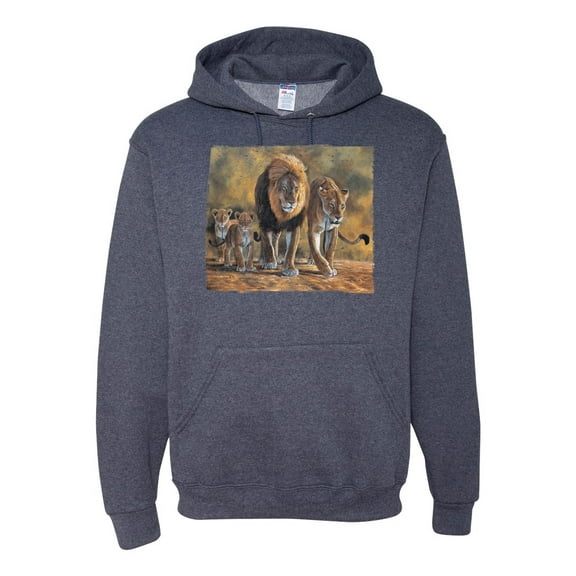 Distressed African Lion Family Desert Fashion Graphic Hoodie Sweatshirt, Vintage Heather Navy, 2XL
