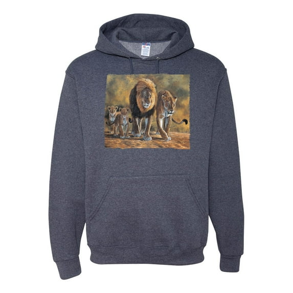 Distressed African Lion Family Desert Fashion Graphic Hoodie Sweatshirt, Vintage Heather Navy, Medium