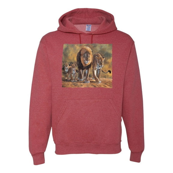 Distressed African Lion Family Desert Fashion Graphic Hoodie Sweatshirt, Vintage Heather Red, Large