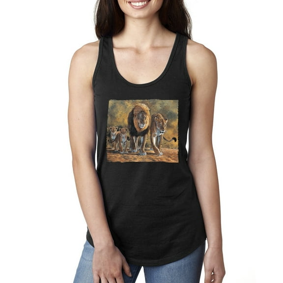 Distressed African Lion Family Desert Fashion Ladies Racerback Tank Top, Black, Large