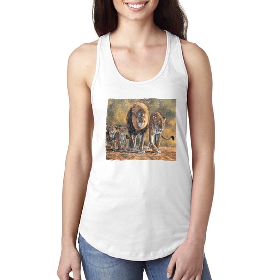 Distressed African Lion Family Desert Fashion Ladies Racerback Tank Top, White, X-Large
