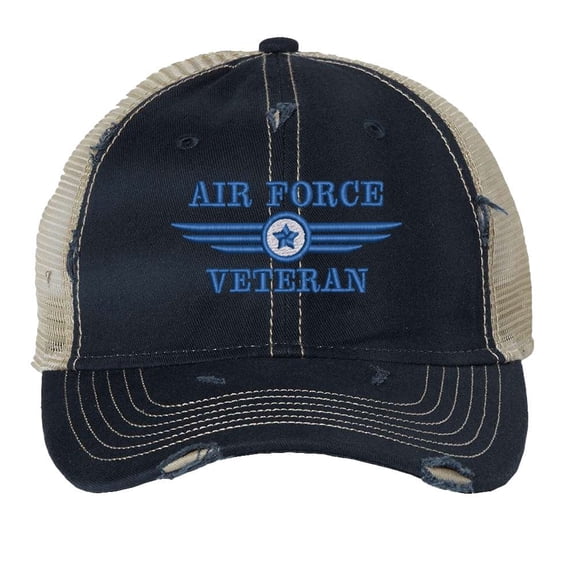 Distressed Air Force Veteran Trucker Hat – Embroidered Air Force Logo, Patriotic Mesh Strapback Cap (NavyBlue)