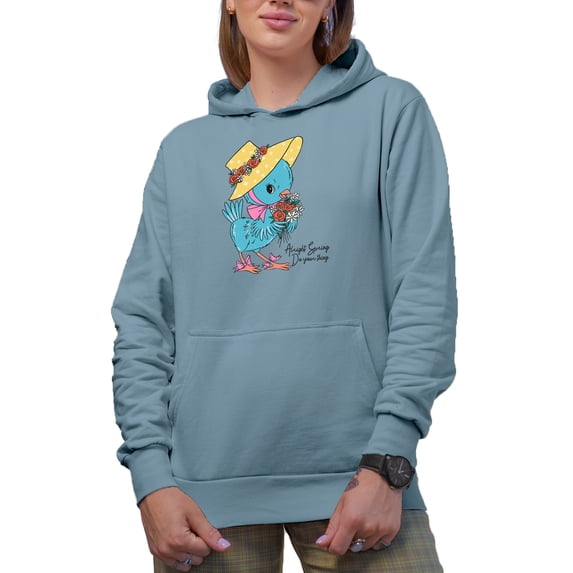 Distressed Alright Spring, Do Your Thing Quote - Cute Bird Holding Flowers Art Merch Gift, Light Blue Hooded Sweatshirt or Hoodie, Large