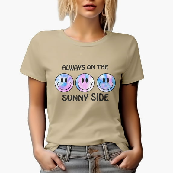 Distressed Always on the Sunny Side - Retro Smiling Faces, Summer Tie Dye Art Merch Gift, Tan T-Shirt, Medium