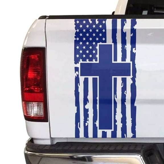 Distressed American Flag with Cross Truck Tailgate Vinyl Decal Compatible with Most Pickup Trucks Faith Patriotic Christian Cross USA Sticker (11" x 25", Cobalt Blue)