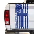 thumbnail image 1 of Distressed American Flag with Cross Truck Tailgate Vinyl Decal Compatible with Most Pickup Trucks Faith Patriotic Christian Cross USA Sticker (11" x 25", King Blue), 1 of 8