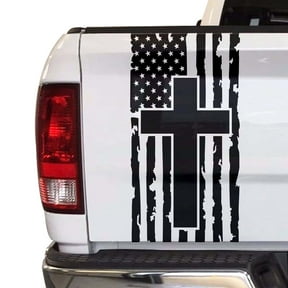 Distressed American Flag with Cross Truck Tailgate Vinyl Decal Compatible with Most Pickup Trucks Faith Patriotic Christian Cross USA Sticker (11" x 25", Matte Black)