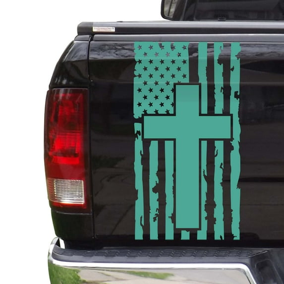 Distressed American Flag with Cross Truck Tailgate Vinyl Decal Compatible with Most Pickup Trucks Faith Patriotic Christian Cross USA Sticker (11" x 25", Mint)