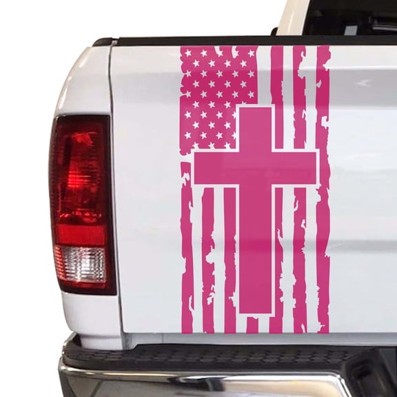 Distressed American Flag with Cross Truck Tailgate Vinyl Decal Compatible with Most Pickup Trucks Faith Patriotic Christian Cross USA Sticker (11" x 25", Pink)