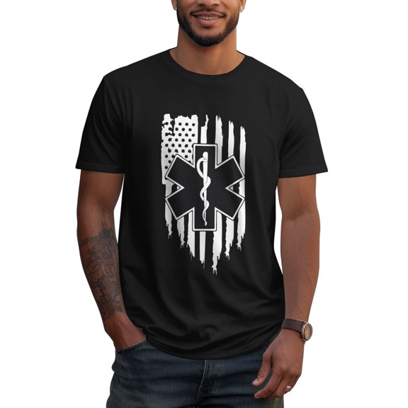 Distressed American Flag Ems Star Of Life Mens 100% Cotton Short Sleeve T-Shirt 180g Round Neck Casual Fashion T-Shirt