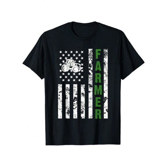 Distressed American Flag Farmer Graphic Tee Vintage Style Cotton Short Sleeve T Shirt For Patriotic Casual Wear Black S XXXL