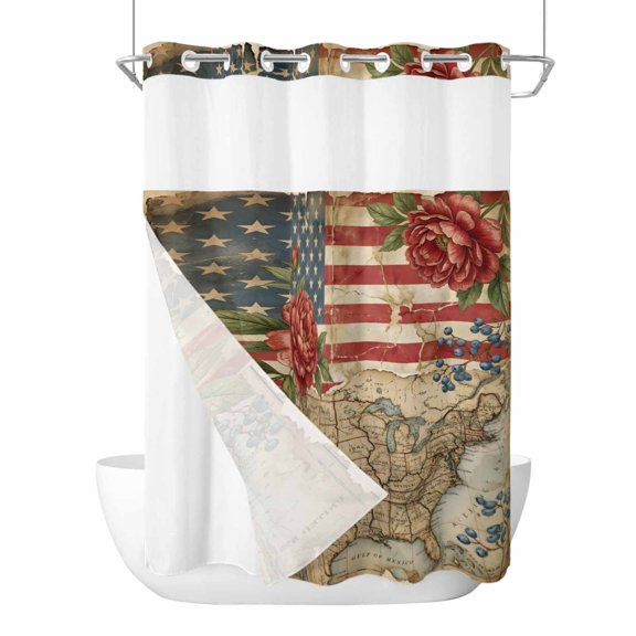 Distressed American Flag No Hook Shower Curtain with Snap in Liner, Waterproof Fabric Shower Curtains, Vintage Rustic Merican Map Abstract Shower Curtain Set Top See Through for Bathroom 72"x96"