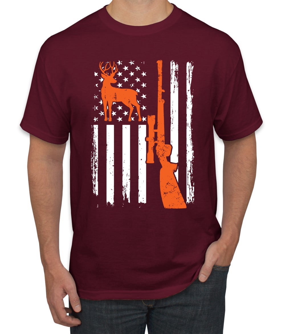 Distressed American Flag Hunter Buck Hunting Men's Graphic TShirt, Maroon, 4XL