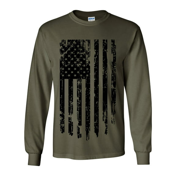 Distressed American Flag Patriotic USA Flag Sleeve Long Sleeve T-shirt Graphic Tee-Military-small
