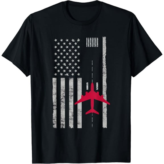 Distressed American Flag Runway Plane Graphic Unisex Short Sleeve T-Shirt