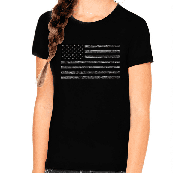 Distressed American Flag Shirt for Girls Black Flag 4th of July Shirts for Girls USA Patriotic Shirts