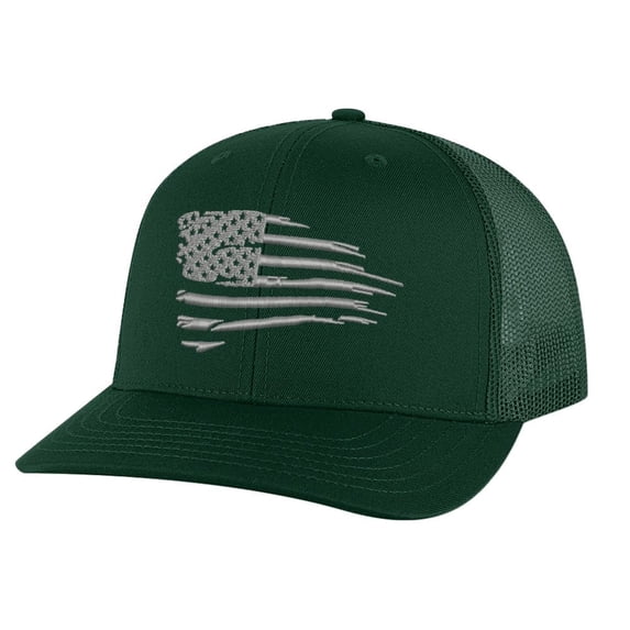 Distressed American Flag Snapback Hat - Modern Embroidered Design in Silver Thread, Patriotic Trucker Cap for Freedom-Loving Americans (AlpineGreen)