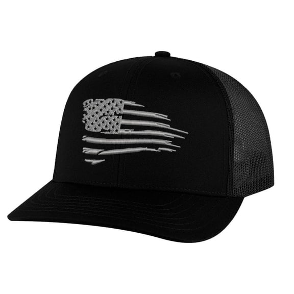 Distressed American Flag Hat - Modern Patriotic Snapback with Silver Embroidery | Weathered Flag Cap (Black)