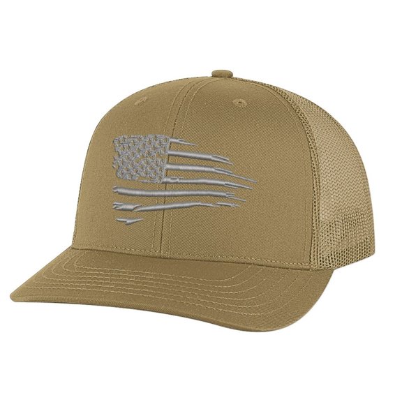 Distressed American Flag Snapback Hat - Modern Embroidered Design in Silver Thread, Patriotic Trucker Cap for Freedom-Loving Americans (Coyote)