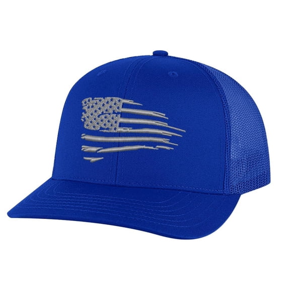 Distressed American Flag Snapback Hat - Modern Embroidered Design in Silver Thread, Patriotic Trucker Cap for Freedom-Loving Americans (RoyalBlue)