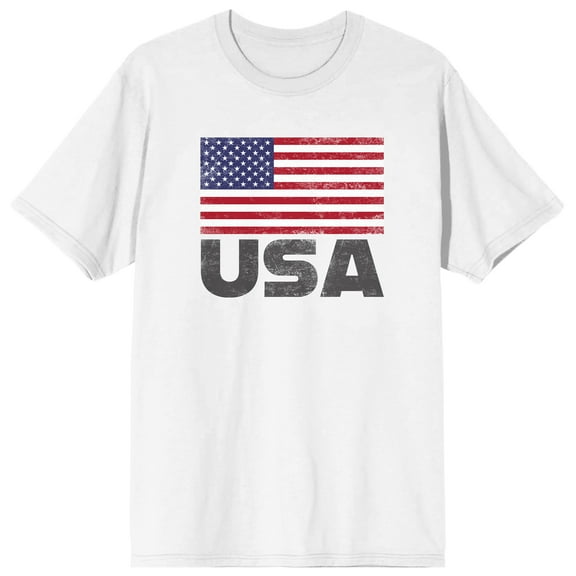 Distressed American Flag and USA Text on White Ground Adult Crew Neck Short Sleeve T-shirt - Large