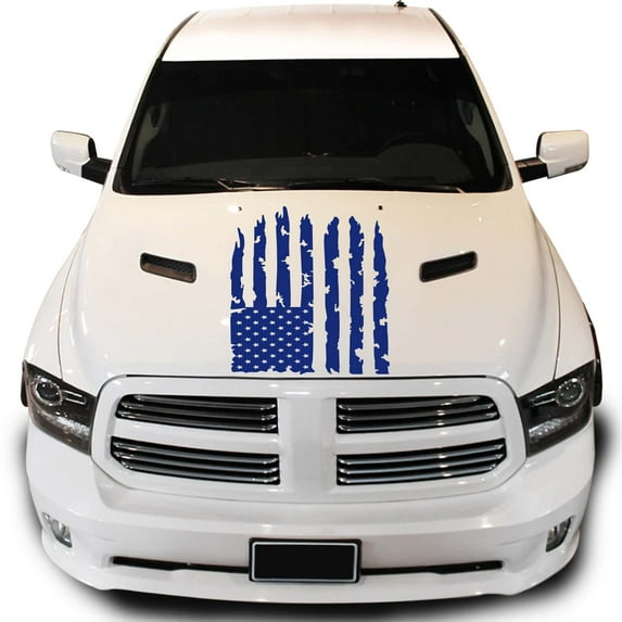 Distressed American USA US Flag Hood Vinyl Decal fits Most Pickup Trucks SUV Jeep Sedan EUA Flag Graphic Car Sticker (23" x 36", King Blue)