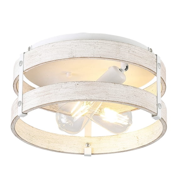 Distressed Antique White Flush Mount Light Fixture 2-Light Wood Drum Semi Ceiling Light for Hallway Bedroom Kitchen Entryway