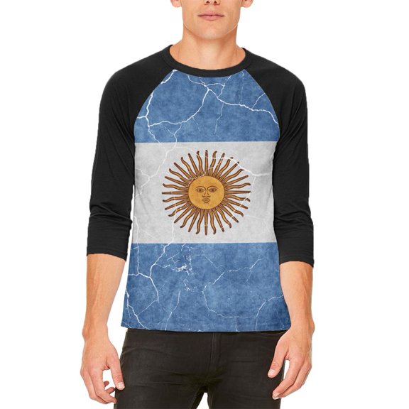 Distressed Argentina Flag Mens Raglan T Shirt White-Black X-LG