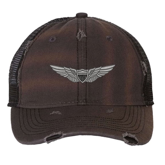 Distressed Military Hat - Army Aviation Vintage Pilot Hat with Silver Wings | Veteran Strapback Cap (Charcoal)