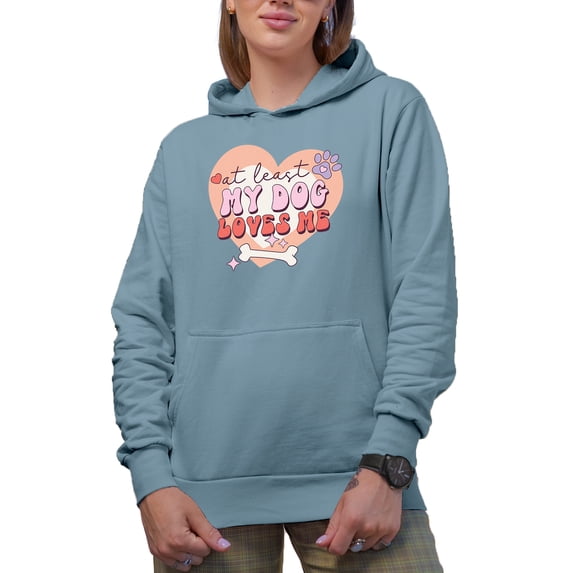 At Least My Dog Loves Me, Retro Anti Valentine's Day Art Merch Gift, Light Blue Hooded Sweatshirt or Hoodie, Medium