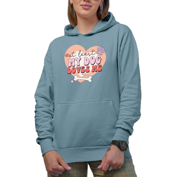 At Least My Dog Loves Me, Retro Anti Valentine's Day Art Merch Gift, Light Blue Hooded Sweatshirt or Hoodie, Small