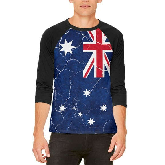 Distressed Australian Flag Mens Raglan T Shirt White-Black X-LG