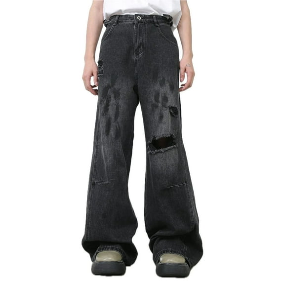 Distressed Baggy Loose Fit Denim Jeans with Raw Hem for Men Durable Everyday Casual Streetwear Fashion and Comfortable