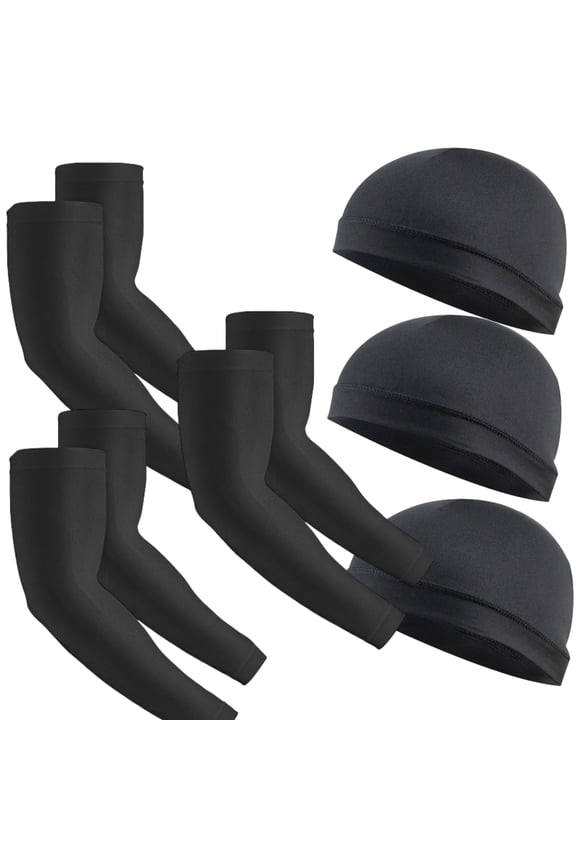 3 Pack Cooling Skull Cap Helmet Liner Sweat Wicking Cycling Running breathable Hat 3 Pairs Sun Protection Arm Sleeves