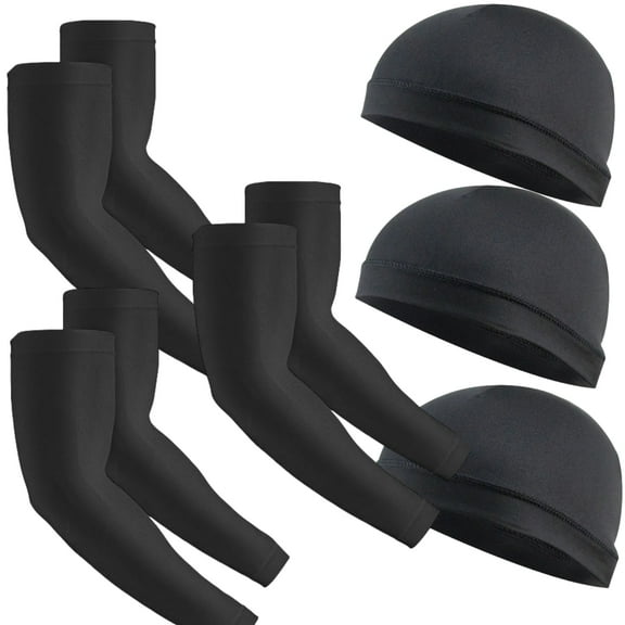 3 Pack Cooling Skull Cap Helmet Liner Sweat Wicking Cycling Running breathable Hat 3 Pairs Sun Protection Arm Sleeves