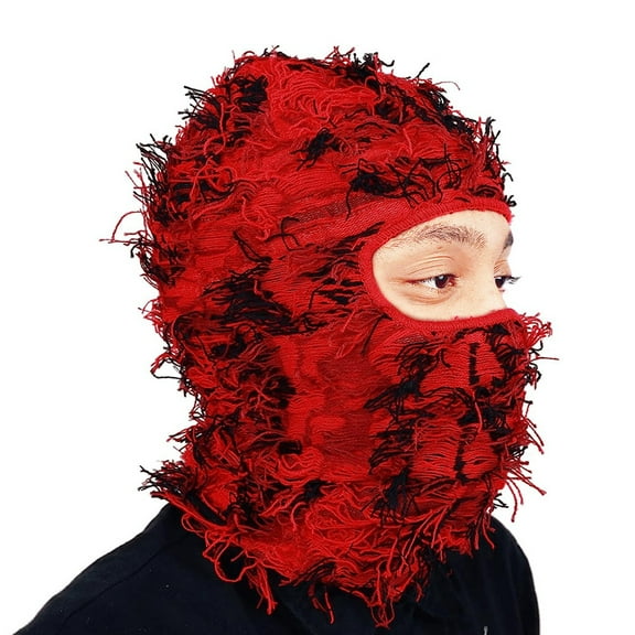 Distressed Balaclava Ski Mask for Men and Women - Knitted Balaclava Distressed Windproof Shiesty Full Face Mask Cold Weather,Camouflage Big Red