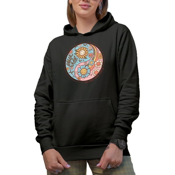 Distressed Balance Over Hustle, Retro Flowers Merch Gift, Black Hooded Sweatshirt or Hoodie, Large