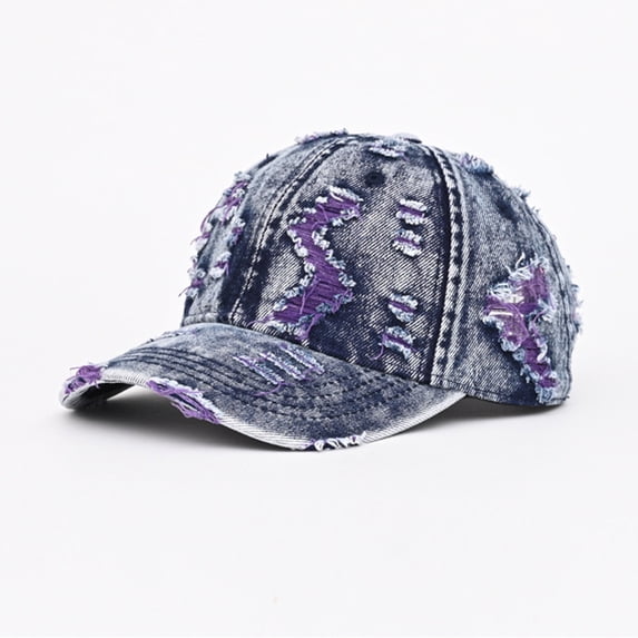 Distressed Baseball Cap Jean Hat Vintage Baseball Cap Vintage Washed Distressed Denim Baseball Cap, Ripped Adjustable Trucker Hat, Unisex Casual Dad Hat for Travel Outdoor Sports, Purple