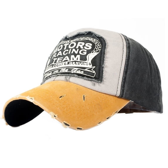 Distressed Baseball Cap, Motors Racing Team Patch Washed Denim Trucker Hat, Ripped Vintage Adjustable Dad Hat Unisex for Men Women Outdoor Sports Casual Daily Wear(Yellow)
