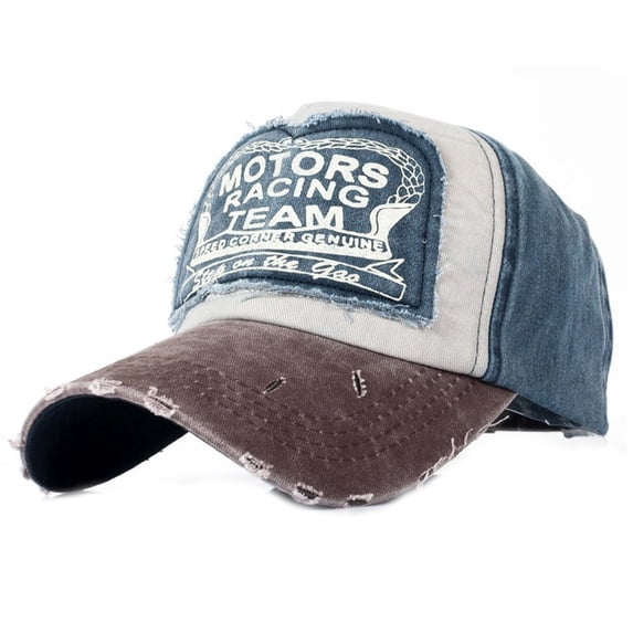 Distressed Baseball Cap, Motors Racing Team Patch Washed Denim Trucker Hat, Ripped Vintage Adjustable Dad Hat Unisex for Men Women Outdoor Sports Casual Daily Wear(Navy)
