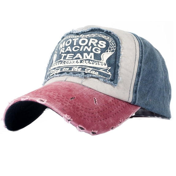 Distressed Baseball Cap, Motors Racing Team Patch Washed Denim Trucker Hat, Ripped Vintage Adjustable Dad Hat Unisex for Men Women Outdoor Sports Casual Daily Wear(Blue)