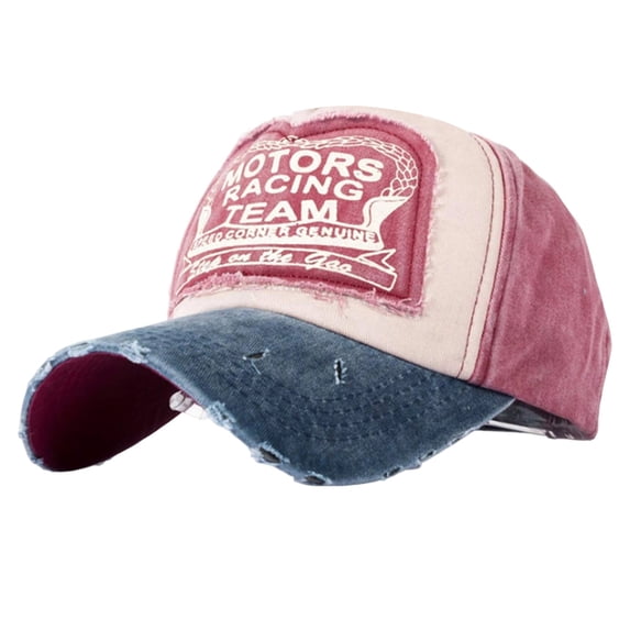 Distressed Baseball Cap, Motors Racing Team Patch Washed Denim Trucker Hat, Ripped Vintage Adjustable Dad Hat Unisex for Men Women Outdoor Sports Casual Daily Wear(Pink)