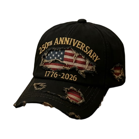 Distressed Baseball Cap with Embroidered Flag and 250th Anniversary 1776 2026 Design Adjustable Fit Unisex Style Black