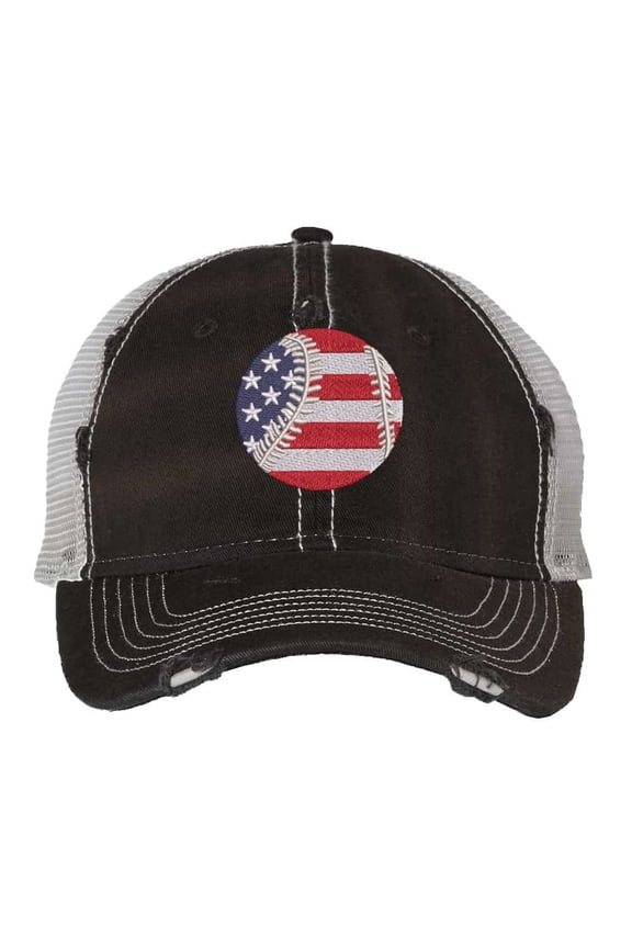 Patriotic Ball Cap - Distressed American Flag Baseball - Vintage Baseball Trucker Strapback Hat (Black)