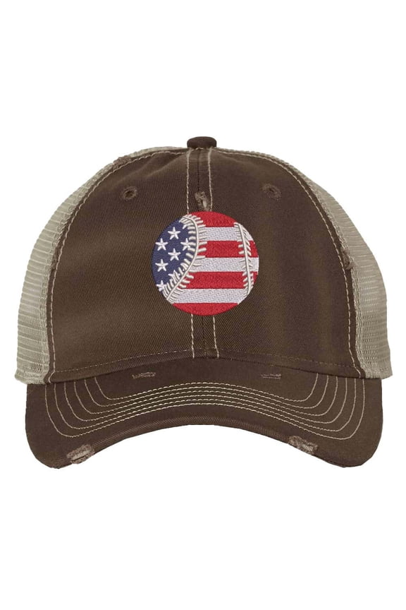 Patriotic Ball Cap - Distressed American Flag Baseball - Vintage Baseball Trucker Strapback Hat (Brown)